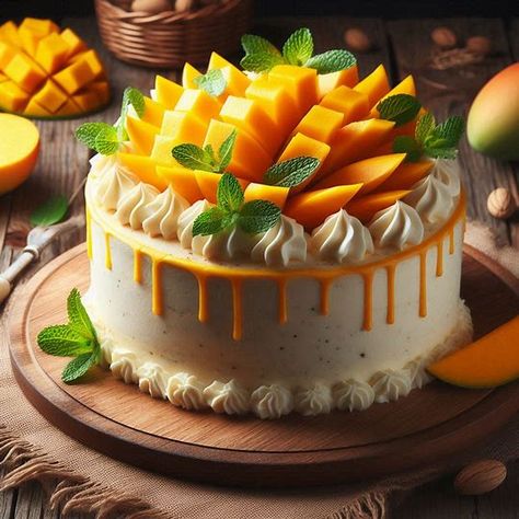 A tropical mango cake adorned with fresh mango slices, embodying the essence of a summer getaway in each slice. Cheesecake Wedding, Pineapple Cheesecake, Traditional Desserts, Mango Cake, Mango Pineapple, Mango Flavor, Cake Creations, Pineapple, Cheesecake