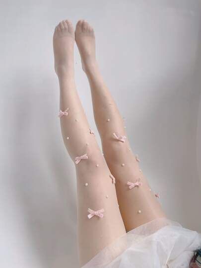 Pink Tights Outfit, Cute Tights, Pink Tights, Lace Stockings, White Tights, Pearl Bow, Bow Decor, Pink Bows, Sheer Tights