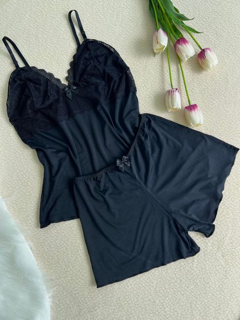 Preto Luxuoso Collar Sem Mangas   Babydoll Embellished  Todos Babydoll Pijama, Women's Nightgowns, Pajama Set Women, Pajamas Women, Baby Doll, Night Gown, Pajama Set, Combat Boots, Baby Dolls