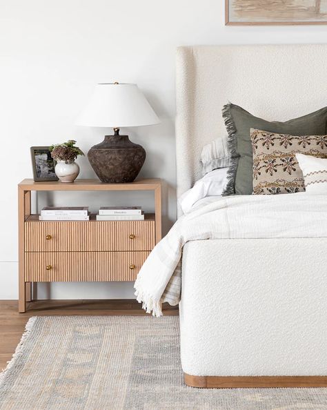 White Fabric Bed Frame Master Bedrooms, Ivory King Bed, Beige Fabric Bed Frame, Guest Bedroom With Upholstered Bed, Wood Bed Frame With Upholstered Headboard, Bed With Beige Headboard, White Upholstered Bed With Wood Nightstands, King Bed With Footboard, Oatmeal Bedding Master Bedrooms