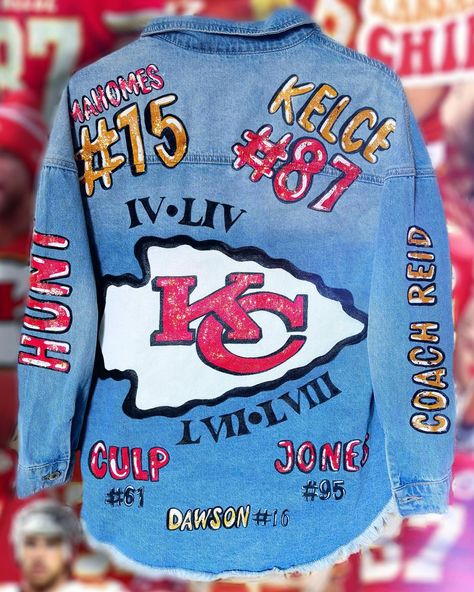 She’s a beaut Clark!! ❤️ I’m excited for summer but also already ready for FALL and FOOTBALL! 🏈 💃🏼 • • • #ChiefsKingdom #RedFriday #ChiefsFamily #KansasCityChiefs #ArrowheadPride #MahomesMagic #ChiefsNation #ChiefsFootball #RunItBack #chiefsfans Chiefs Jacket, Fall And Football, Painted Jean Jacket, Excited For Summer, Red Friday, Painted Jacket, Chiefs Football, Kc Chiefs, Painted Jeans