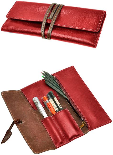 Pen Pouch Diy, Pouch Stationery, Leather Office Accessories, Leather Pencil Roll, Leather Knife Sheath Pattern, Pencil Case Pattern, Leather Pen Case, Leather Bag Tutorial, Leather Notebook Cover