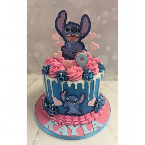 stitch 9th birthday cake, stitch cake topper and drip cake Stich Birthday Cake Girl, 9th Birthday Girl Ideas Cake, Birthday Cake Stitch, Stitch Birthday Cakes, Sofia Wallpaper, Stitch Cake Ideas, Stitch Cake Design, Stitch Birthday Cake Ideas, Cake Stitch