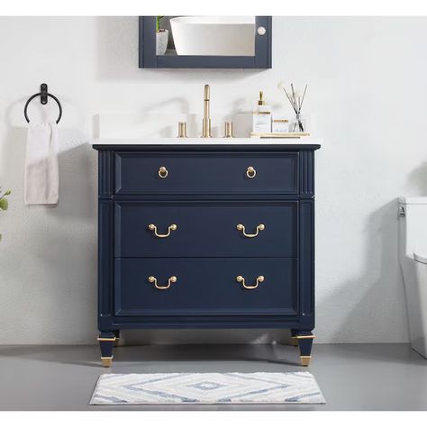 WELLFOR ALLEN Solid Wood Bathroom Vanity 36-in Navy Blue Undermount Single Sink Bathroom Vanity with Carrera White Quartz Top in the Bathroom Vanities with Tops department at Lowes.com Solid Wood Bathroom Vanity, Veneer Plywood, Traditional Bathroom Vanity, Wood Bathroom Vanity, Countertop Surfaces, Single Sink Bathroom, Sink Bathroom Vanity, Single Sink Bathroom Vanity, Wood Bathroom