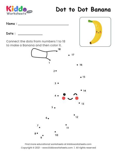 Free Printable Dot to Dot Banana Worksheet - kiddoworksheets Banana Worksheet, Free Printable Dot To Dot, Nursery Class Activities, Printable Dot To Dot, Worksheet For Nursery Class, Lkg Worksheets, The Dot Book, Easy E, Reggio Inspired Classrooms