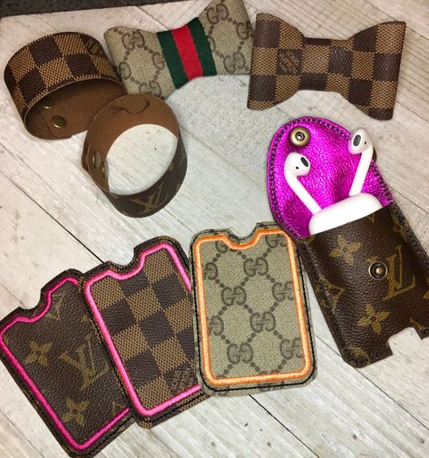 Repurposed Accessories, Repurposed Purse, Repurposed Louis Vuitton, Gucci Fabric, Upcycled Purse, Upcycle Design, Louis Vuitton Earrings, Leather Creations, Earbud Case