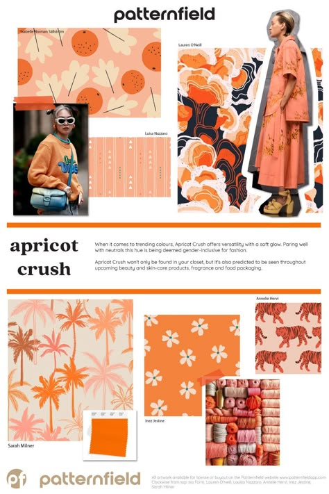 Color Trend | Apricot Crush Spring Summer 2024 Color Trends Wgsn, Apricot Crush Pantone, Apricot Crush Color, Textile Design Portfolio, Apricot Crush, Swim Clothes, Mood Board Fashion Inspiration, Fashion Trending Moodboard, Print Design Trends