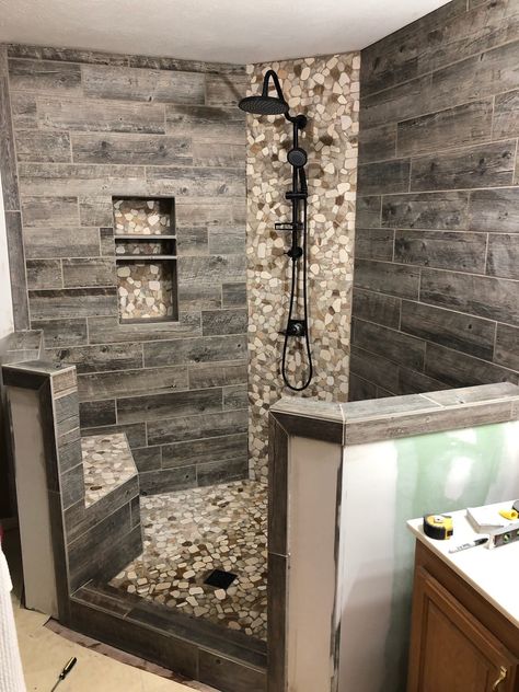 Bathroom Farmhouse Style, Bathroom Redesign, Rustic Bathrooms, Bathroom Remodel Designs, Bathroom Remodel Shower, Barn Style House, Dream Bathrooms, Shower Remodel, House Bathroom