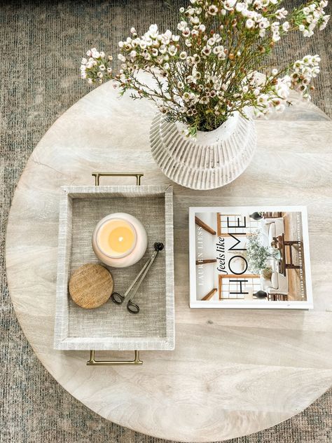 Large Round Coffee Table Styling, Wood Coffee Table Styling, Target Coffee Table Decor, Circle Coffee Table Styling, Round Coffee Table Ideas, Simple Coffee Table Styling, Circle Wood Coffee Table, Circular Coffee Table Decor, Rounded Coffee Table