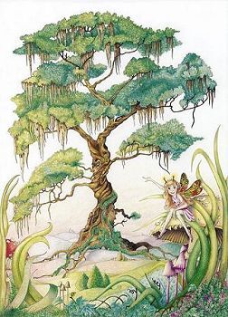 artist, Myrea Pettit, image: The Magic Tree Fantasy Tree Drawing, Fairy Garden Drawing, Pine Tree Tattoo, Fantasy Tree, Fairy Drawings, Magical Tree, Garden Drawing, Fairy Tree, Princess Drawings