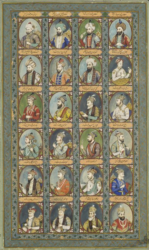 THE MUGHAL DYNASTY: A LARGE ILLUSTRATION OF TWENTY-FOUR MUGHAL EMPERORS AND PRINCES | DELHI SCHOOL, NORTH INDIA, CIRCA 1850 | Drawings & Watercolors, body colour / gouache | Christie's Art Deco Furniture Design, Mughal Miniature Paintings, Book Art Sculptures, Mughal Art Paintings, Mughal Architecture, Mughal Paintings, Persian Miniature, Mughal Empire, Indian Painting