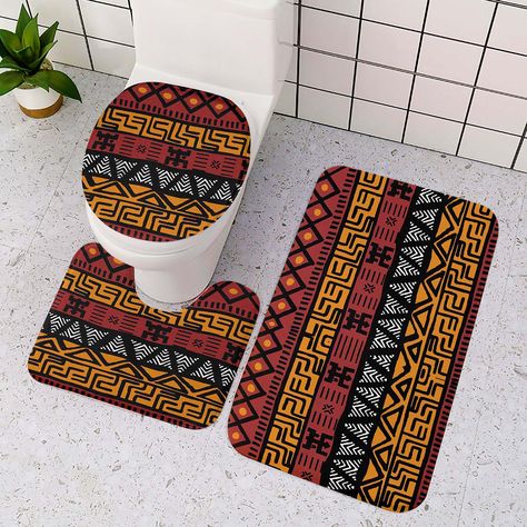 3 Piece Bathroom Toilet Cover Set Afro Mudcloth Print African Style Bathroom, African Shower Curtain, Mudcloth Decor, Ethnic Living Room, Island Bathroom, Afrocentric Decor, 3 Piece Bathroom, Africa Art Design, Ethnic Home Decor