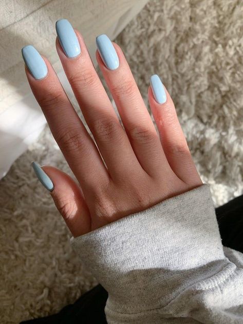 Dusty Blue Nails Acrylic Almond, Light Blue Acrilyc Nails, Basic Nails Blue, Frost Blue Nails, Blue Shade Nails, Nails Acrylic Baby Blue, Blue Squoval Nails, Nail Ideas Baby Blue, Baby Blue Acrylic Nails Almond