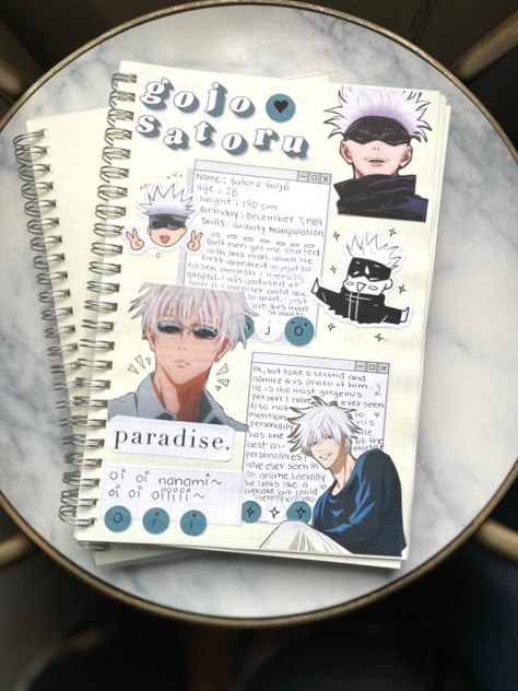 bullet journal, bullet journal layout, bullet journal idea, anime, jujutsu kaisen, weeb Visual Art Portfolio, Anime Diary Ideas, Anime Junk Journal, Anime Journaling Ideas, One Piece Journal Ideas, Diary Doodles Ideas, Gojo Satoru Journal, Anime Journal Cover, Scrapbook Cover Page Ideas