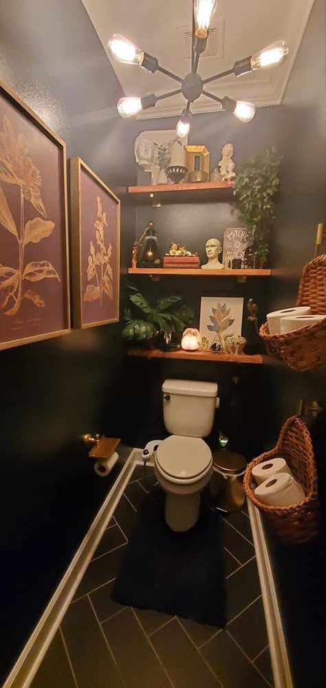 Eccentric Half Bathroom, Black Maximalist Bathroom, Moody Themed House, Moody Maximalist Decor Bathroom, Small Moody Toilet Room, Mural Kitchen Cabinets, Statement Mirror Bathroom, Oddities Bathroom, Dark Eclectic Home Kitchen