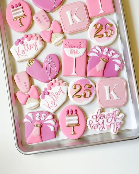 Pink Decorated Cookies, Pink Cookies Decorated, 25th Birthday Cookies, Birthday Cookies Decorated, Bday Cookies, Houston Eats, Decorate Cookies, Cookie Platter, Pink Cookies