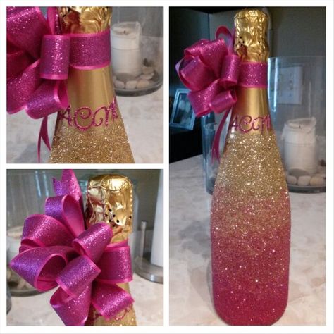 Ombre Glitter Monogrammed  Champagne Bottle I made for my Ang's Birthday Glitter Champagne Bottles, 35 Birthday, Glitter Wine Bottles, Bling Bottles, Wine Bottle Centerpieces, Glitter Champagne, Bottle Centerpieces, Glitter Bottle, Ombre Glitter