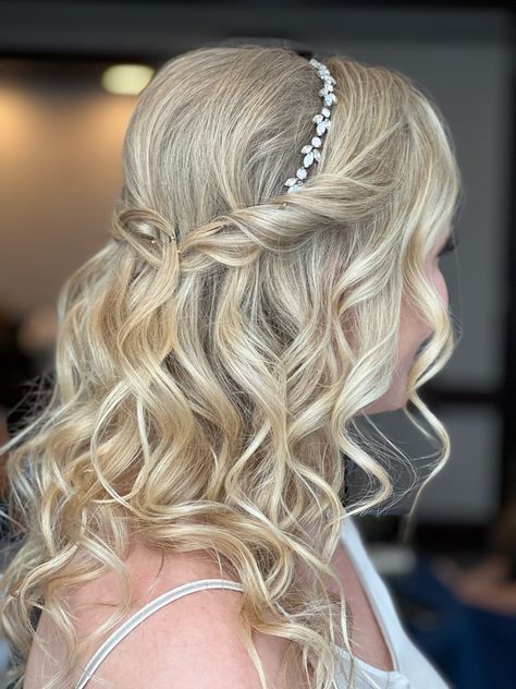 Half Up Half Down Wedding Hair Short With Headband, Wedding Hairstyles Headband Half Up, Bridal Half Up Half Down With Headband, Bride Hair Down Curls With Headband, Wedding Hair Headband Half Up, Curled Wedding Hair Down With Headband, Bridal Hair Half Up With Hair Piece, Bridal Half Up With Headband, Bridal Hair Styles With Headband