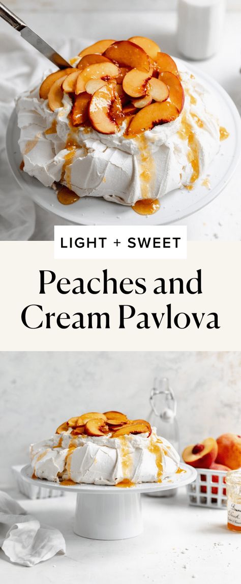 Dessert Peaches, Peaches And Cream Dessert, Pavlova Dessert, Cream Cheese Sugar Cookies, Peach Dessert, Broma Bakery, Pavlova Recipe, Juicy Peach, Peach Desserts