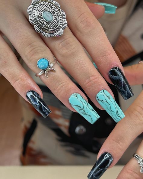 Lil western set 🩵🤎🌾 #nailart #nailtech #nailsalon #thenailbargf #nailartspecialist #nailinspo #greatfallsnailtechs #greatfallssalon #funkynails #weirdnails #3dnailart #auranails #handpaintednailart #westernnails #turquoisenails Black And Turquoise Nails, Turquoise Nails Western, Western Themed Nails, Saved Nails, Bloom Nails, Nails Western, Cowboy Nails, Western Grunge, Western Nails