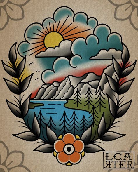 Traditional Tattoo Nature, Sailor Jerry Tattoo Flash, Traditional Tattoo Drawings, Camping Tattoo, Traditional Tattoo Inspiration, Traditional Style Tattoo, Traditional Tattoo Sleeve, Landscape Tattoo, Flash Tattoo Designs