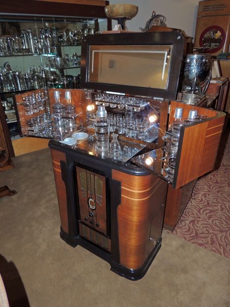 Philco Art Deco Complete Radio Bar | Bars | Art Deco Collection Old Radio Turned Into Bar, Art Deco Bars, Old Radio Cabinet Repurposed, Antique Radio Cabinet, Philco Radio, Art Deco Bar Cabinet, Antique Record Player, Bourbon Room, Home Bar Cabinet