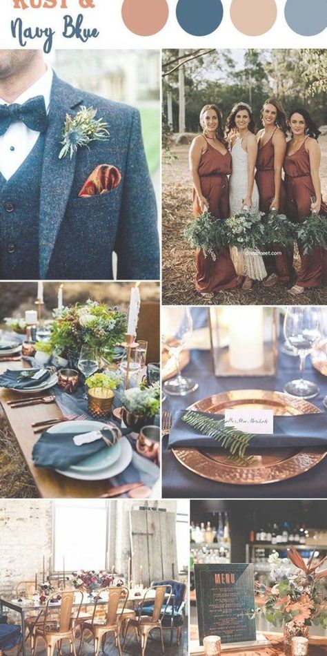 Rust gold and navy blue fall wedding color inspiration Boho Wedding With Navy Blue, Blue And Silver Fall Wedding, Navy Blue And Rust Bridesmaid Dresses, Navy Wedding Colors Fall Colour Palettes, Steel Blue And Rust Wedding, Navy Cinnamon Wedding, Brown Orange And Blue Wedding, Navy Blue Grey And Burnt Orange Wedding, Navy Blue And Earth Tone Wedding