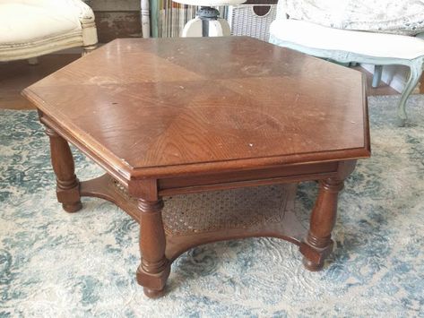 4 the love of wood: HOW I MADE A FARMHOUSE COFFEE TABLE - from a $15 thrift store find Octagon Coffee Table, Hexagonal Coffee Table, Coffee Table Redo, Vintage Wood Furniture, Hexagon Coffee Table, Octagonal Coffee Table, Picking Paint Colors, Antique Coffee Tables, Farmhouse Coffee Table