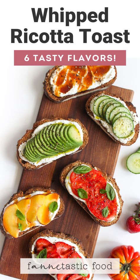 These savory and sweet ricotta toast toppings make the perfect easy breakfast or healthy snack! Creamy ricotta cheese paired with sweet or savory toppings – like avocado, cucumbers, strawberries, or peaches – is always delicious. Here are 6 ricotta toast flavor variations, from honey strawberry ricotta toast to avocado toast with ricotta. Ricotta Cheese On Toast, Roasted Strawberry Whipped Ricotta Toast, Ricotta Cheese Snacks, Toast Recipes Healthy, Ricotta Toast Breakfast, Brinner Ideas, Recipes With Ricotta Cheese, Whipped Ricotta Toast, Healthy Toast Recipes