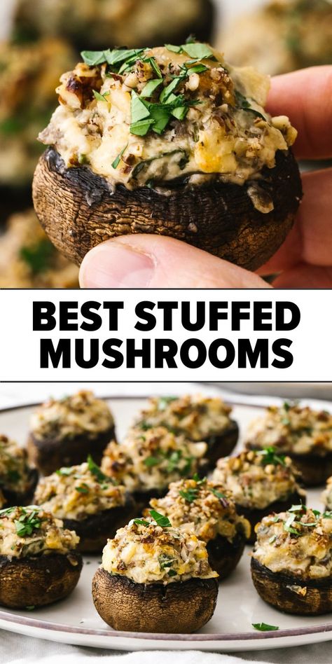 Stuffed mushrooms with cream cheese recipe Downshiftology Stuffed Mushrooms, Mushroom Stuffed Mushrooms, Stuffed Cremini Mushrooms, Mushroom Bites Appetizers, Mini Stuffed Mushrooms, Stuffed Mushroom Caps Appetizers, Baked Stuffed Mushrooms Oven, Stuffed Mushroom Ideas, Mushroom Appetizers Easy