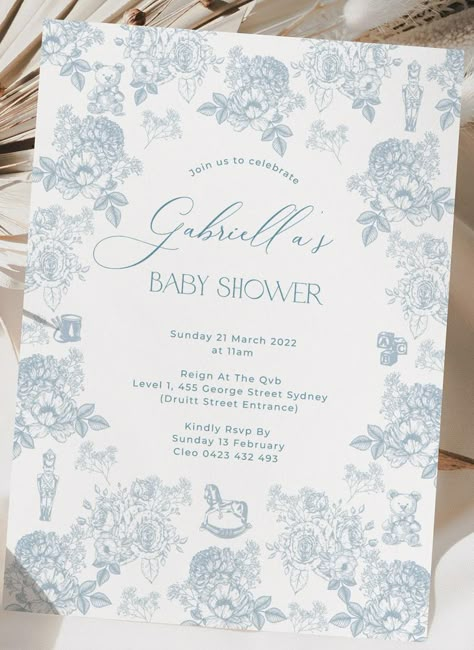 Baby Dior Baby Shower Theme, Luxury First Birthday Party, Blue Toile Baby Shower Ideas, French Blue Baby Shower Ideas, Baby Dior Theme Party, Dior Baby Shower Theme, Baby Blue Baby Shower Ideas Boys, Baby Boy In Bloom, Fancy Baby Shower