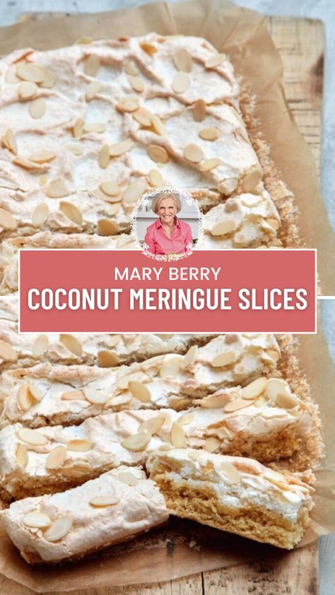 Mary Berry Coconut Meringue Slices Marry Berry Recipes, Mary Berry Desserts, Mary Berry Baking, Coconut Meringue, Mary Berry Recipes, Berry Desserts, Berry Dessert Recipes, Mary Berry Recipe, Desiccated Coconut