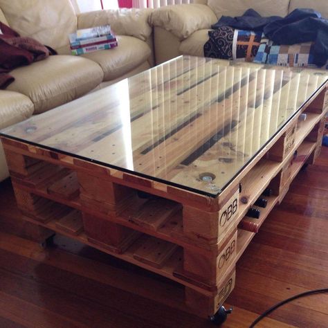 14 Super Cool Homemade Coffee Table Ideas: Unusual Coffee Tables | The Family Handyman Pallet Wood, Pallet Furniture, Pallet Coffee Table, A Coffee, Coffee Table, Coffee, Wood, Glass, Furniture