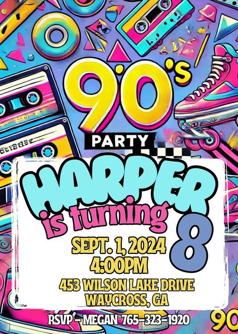 90's Party Invitation, Editable Invitation, 90's Party Picture Invites, Instant Download 90's Party, Edit in Canva Party Edit, 90s Party, Party Pictures, Ideas Party, Editable Invitations, Party Invitations, Invitation Template, Instant Download, United States