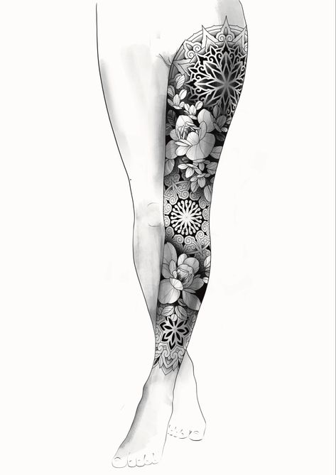 Leg Flower Tattoo Sleeve, Full Leg Tattoos Women Sleeve Color, Floral Mandala Leg Sleeve, Dotwork Leg Sleeve, Leg Sleeve Inspiration, Mandala Leg Sleeve Design, Leg Sleeve Template, Mandala Leg Sleeve Women, Leg Tattoo Mandala