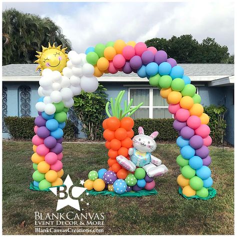 The Easter Bunny will be hopping around the corner soon! - BlankCanvasEventDecor.com Carrot Balloon Column, Bunny Balloon, Easter Bounce House, Balloon Rabbit, Easter Bunny Photo Backdrop, Easter Balloon Animals, Easter Balloon Decor, Easter Event, Balloon Sculptures