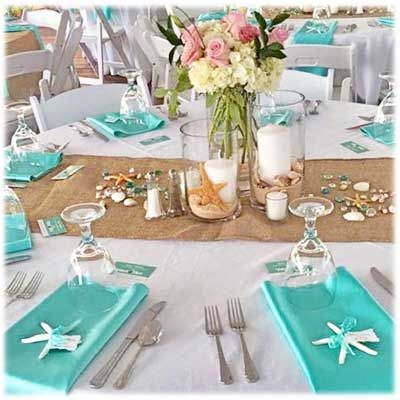 Beach & Surfer Themed Party Decorating Ideas Beach Wedding Table Decorations, Reception Table Arrangements, Beach Table Settings, Beach Table Decorations, Beach Theme Party Decorations, Party Decorating Ideas, Beach Centerpieces, Beach Wedding Tables, Beach Wedding Decorations Reception