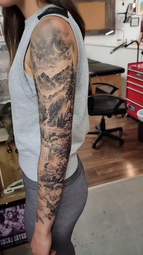 Forest Inspired Tattoo, Mountain Arm Tattoo Women, Forearm Half Sleeve Tattoos For Women, Calf Sleeve Women Tattoo, Sleeve Tattoo Nature, Sleeve Tattoos Nature, Memorial Sleeve Tattoos For Women, Nature Tattoos Sleeve, Upper Sleeve Tattoo Women