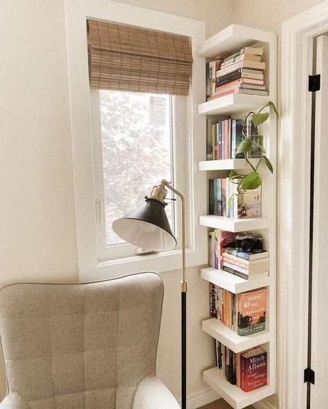 Tiny Library Ideas, Lack Wall Shelf Unit Ideas, Window Book Shelf, Ikea Lack Shelf Ideas, Book Shelf Ikea, Book Storage Ideas For Small Spaces, Room Interior Design Bedroom, Ikea Lack Wall Shelf, Lack Wall Shelf