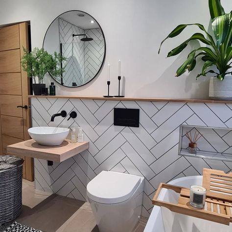 Bathroom Half Wall Tile, White Herringbone Tile Bathroom, Herringbone Tile Bathroom, Mirrors Ideas, Small Bathroom Tile Ideas, White Herringbone Tile, Herringbone Tile Backsplash, Small Full Bathroom, White Vessel Sink