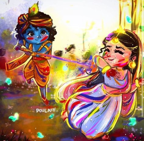 Radha Krishna Holi Pic, Holi Painting, Holi Drawing, Cartoons Krishna, Krishna Holi, Radha Krishna Holi, Holi Images, Radha Painting, Krishna Drawing