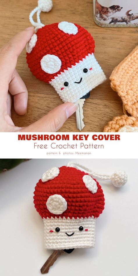 Mushroom Key Cover Crochet Key Cover, Crochet Mushroom, Crochet Keychain Pattern, Pola Amigurumi, Easy Crochet Projects, Crochet Diy, Key Cover, Crochet Keychain, Diy Crochet Projects