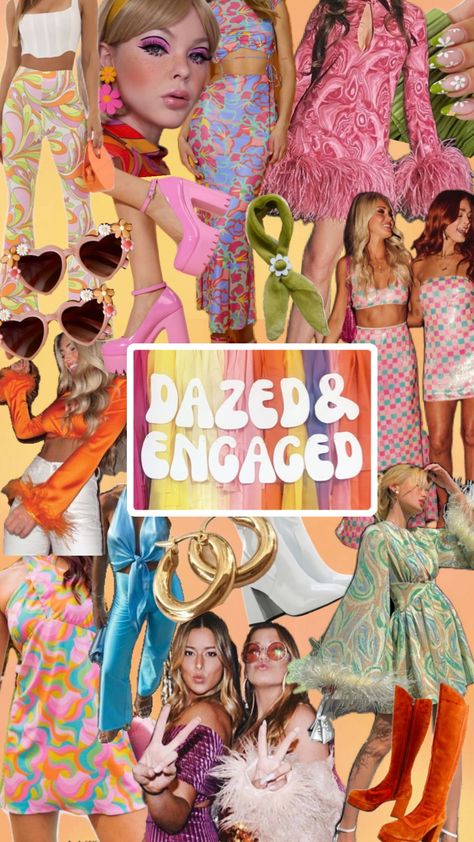 Dazed & Engaged Bachelorette Party Outfit Inspo Bachelorette Night Out Outfit Themes, Retro Disco Outfit, Outfit Inspo Board, Bachelorette Outfit Themes, Retro Birthday Parties, Hen Night Ideas, Casual Bride, Disco Birthday Party, Bridal Shower Inspo