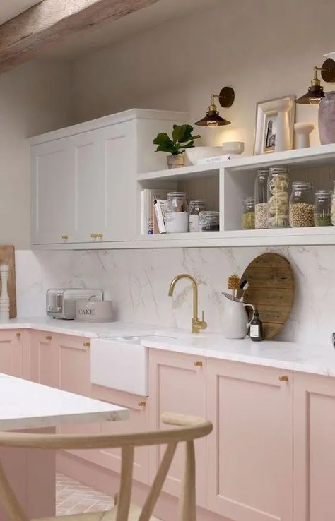 Pink Galley Kitchen, Rose Pink Kitchen, Pink White Kitchen Ideas, Kitchen With Pink Cabinets, White Kitchen With Pink Backsplash, Pink Kitchen Units, Dual Colour Kitchen Cabinets, White And Pink Kitchen Ideas, White Kitchen Pink Tiles