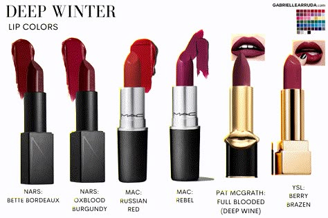 Lip Color For Deep Winter, Foundation For Deep Winter, Deep Winter Drugstore Lipstick, Lipsticks For Winters, Make Up For Deep Winter, House Of Colour Winter Makeup, Winter Pallete Makeup, Deep Winter Blush Color, Blush For Deep Winter