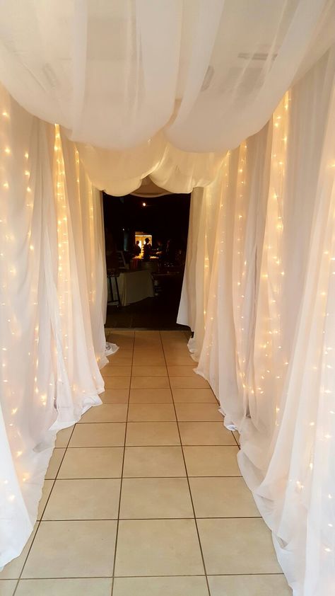 Draped Doorway, Draped Walls, School Dance Ideas, Diy Drapes, Wedding Reception Layout, Reception Layout, Event Entrance, Hiding Ugly, Party Entrance