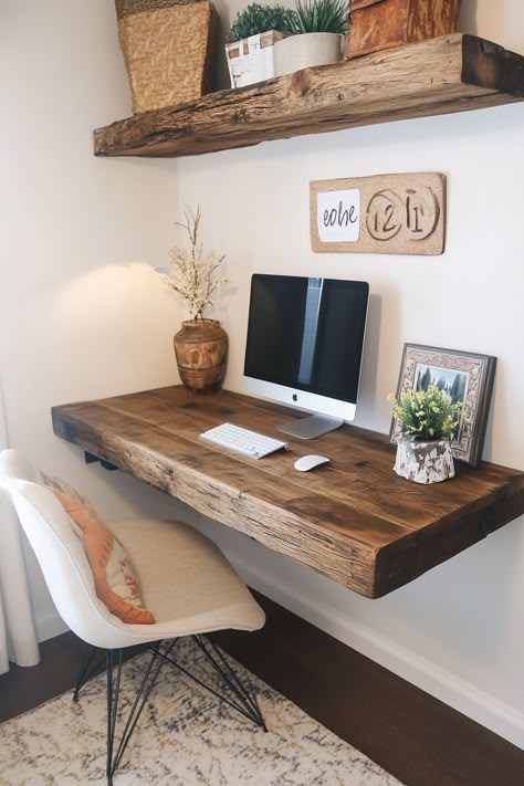 "Create a cozy workspace with a DIY Rustic Wood Floating Desk! 🪵✨ Perfect for small spaces, this project combines style and function, adding a rustic charm to your home office. Get crafting and make work-from-home more enjoyable! 🏡💼 #RusticDecor #DIYDesk #HomeOffice" Floating Butcher Block Desk, Diy Small Desk, Simple Desk Design, Home Office Tv Room Combo, Simple Work Desk, Floating Desk Diy, Farmhouse Desk Diy, Diy Floating Desk, Diy Bureau