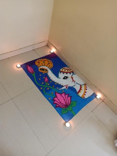 Dhanteras Elephant Rangoli, Rangoli Elephant Design, Cute Elephant Rangoli, Lotus Diwali Rangoli, Diwali Lotus Rangoli, Festive Rangoli Designs, Dhanteras Creative Rangoli, Satyanarayan Pooja Rangoli, Beautiful Rangoli Designs For Diwali