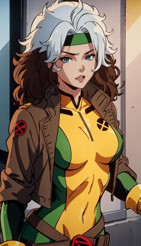 Messy Hair Curly, Yellow And Green Outfit, X Men Animated Series, Rouge Xmen, Rogue X Men, Rogue Xmen, Lips White, Marvel Rogue, Brown Hair Green Eyes