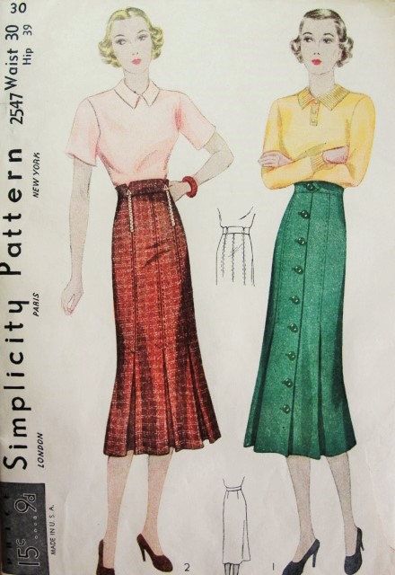 1930s Skirt Pattern Simplicity 2547 Slim Skirt Front Pleats 2  Art Deco Styles Waist 30 Vintage Sewing Pattern 1930s Skirt, 1930s Patterns, Vintage Fashion 1930s, 1930 Fashion, 1930's Fashion, Slim Skirt, 20th Century Fashion, Dress Making Patterns, 1930s Fashion